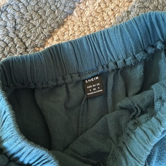Shein Turquoise Split Leg Linen Pants Cropped Size Small Boho Hippie - Picture 7 of 7
